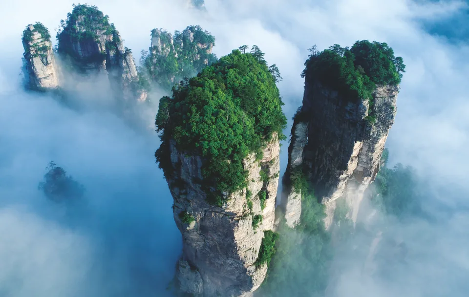Forest-covered sandstone pillars and mist in the Wulingyuan landscape
