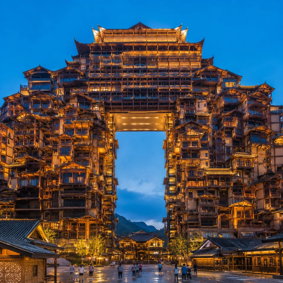中央镂空的层叠楼体与暖色夜景灯光