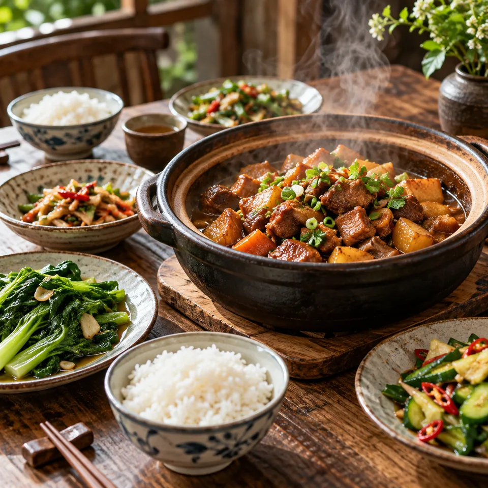 Clay-pot dishes and home-style food arranged around a table