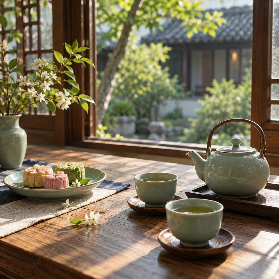 Tea and snacks beside a courtyard window
