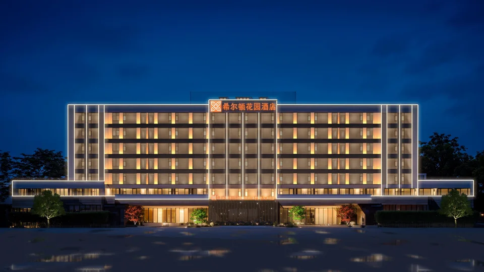 Night exterior design rendering for Hilton Garden Inn Zhangjiajie Tianmen Mountain