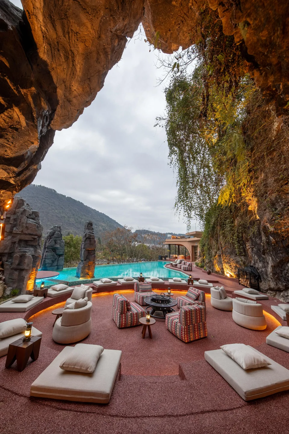 Sofa seating area inside a cave
