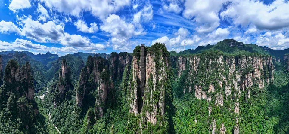 The Bailong Elevator ascending a sandstone cliff
